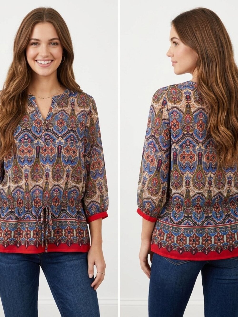Jones New York Sport Boho Paisley Print Tunic Blouse Blue Red Large Drawstring